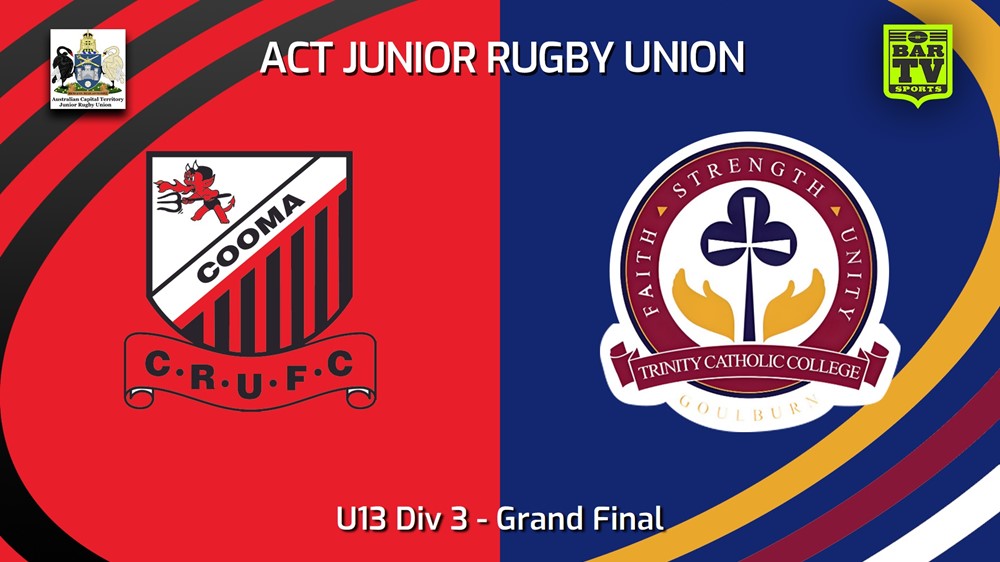 230903-ACT Junior Rugby Union Grand Final - U13 Div 3 - Cooma Red Devils v Trinity College Minigame Slate Image