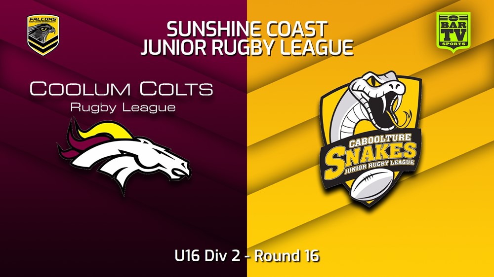 230811-Sunshine Coast Junior Rugby League Round 16 - U16 Div 2 - Coolum Colts JRL v Caboolture Snakes JRL Slate Image