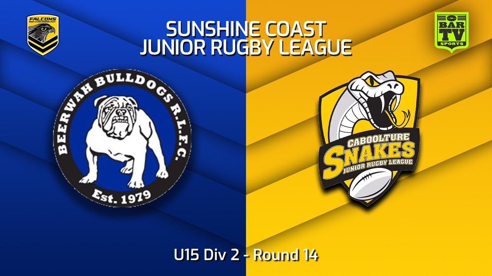 230728-Sunshine Coast Junior Rugby League Round 14 - U15 Div 2 - Beerwah Bulldogs JRL v Caboolture Snakes JRL Slate Image