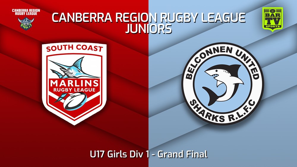 230908-2023 Canberra Region Rugby League Juniors Grand Final - U17 Girls Div 1 - South Coast United v Belconnen United Sharks Slate Image