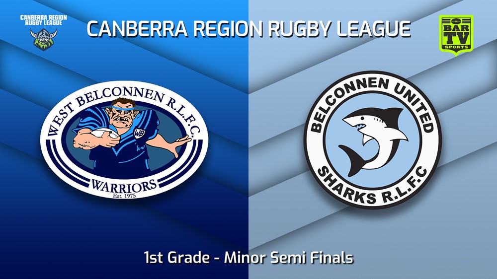 230902-Canberra Minor Semi Finals - 1st Grade - West Belconnen Warriors v Belconnen United Sharks Minigame Slate Image