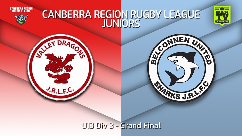 230910-2023 Canberra Region Rugby League Juniors Grand Final - U13 Div 3 - Valley Dragons v Belconnen United Sharks Juniors Slate Image