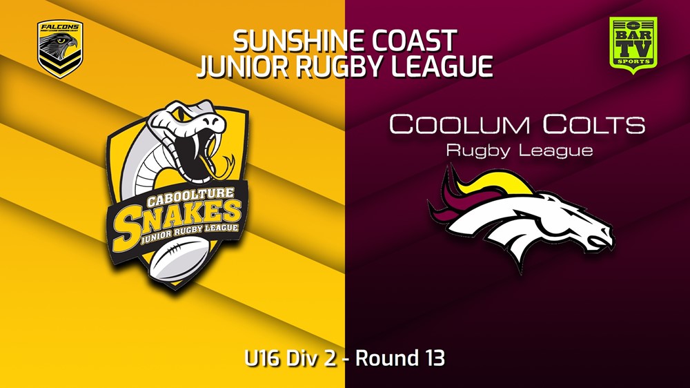 230721-Sunshine Coast Junior Rugby League Round 13 - U16 Div 2 - Caboolture Snakes JRL v Coolum Colts JRL Slate Image