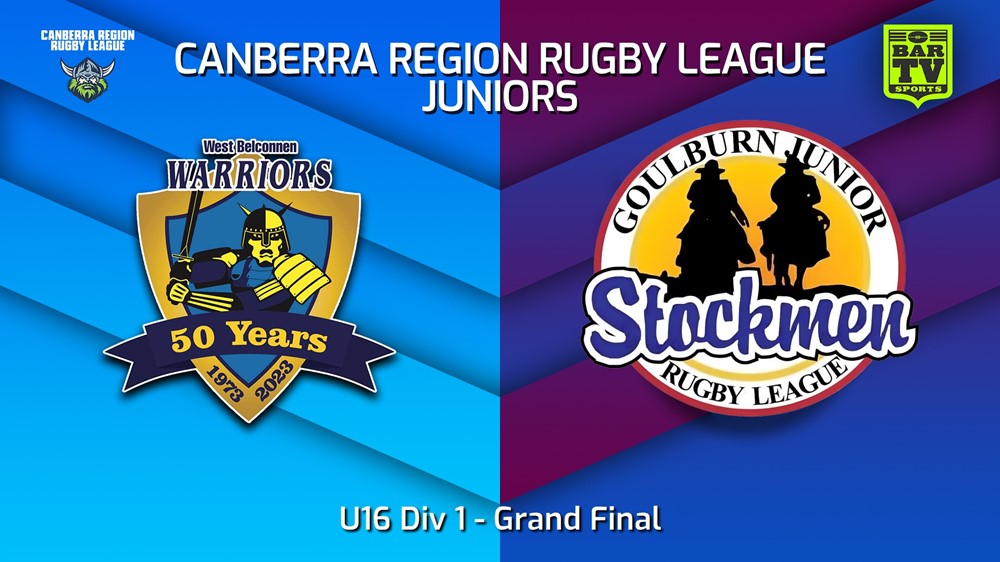 230908-2023 Canberra Region Rugby League Juniors Grand Final - U16 Div 1 - West Belconnen Warriors Juniors v Goulburn Junior Stockmen Minigame Slate Image