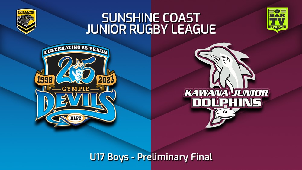 230826-Sunshine Coast Junior Rugby League Preliminary Final - U17 Boys - Gympie Devils JRL v Kawana Dolphins JRL Slate Image