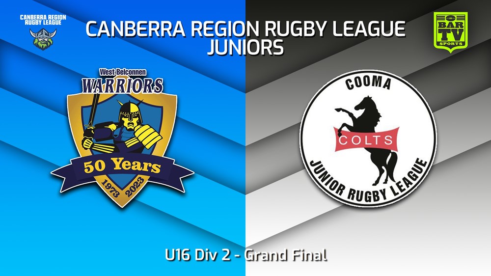 230908-2023 Canberra Region Rugby League Juniors Grand Final - U16 Div 2 - West Belconnen Warriors Juniors v Cooma Colts Juniors Slate Image