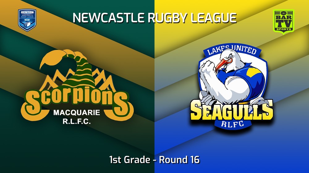 230723-Newcastle RL Round 16 - 1st Grade - Macquarie Scorpions v Lakes United Seagulls Minigame Slate Image