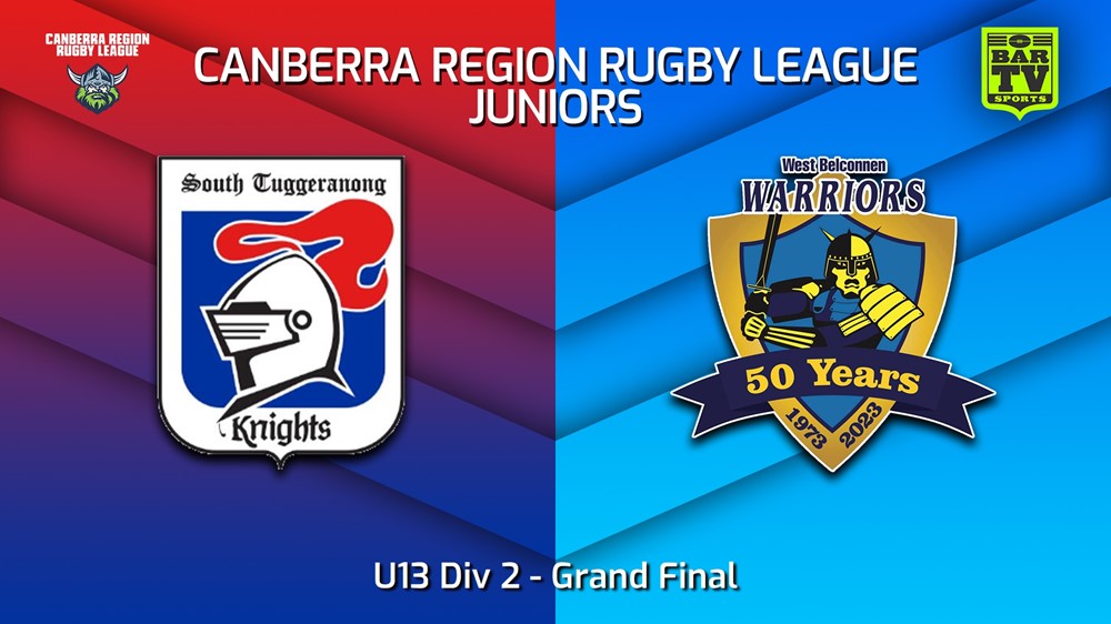 230910-2023 Canberra Region Rugby League Juniors Grand Final - U13 Div 2 - South Tuggeranong Knights v West Belconnen Warriors Juniors Slate Image