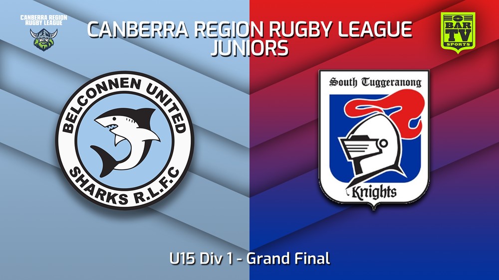 230908-2023 Canberra Region Rugby League Juniors Grand Final - U15 Div 1 - Belconnen United Sharks v South Tuggeranong Knights Minigame Slate Image
