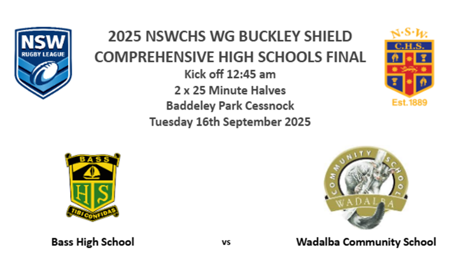 250916-video-NSW Combined High Schools Rugby League Final - 2025 NSWCHS WG BUCKLEY SHIELD COMPREHENSIVE HIGH SCHOOLS FINAL - Bass High School v Wadalba Community School Slate Image
