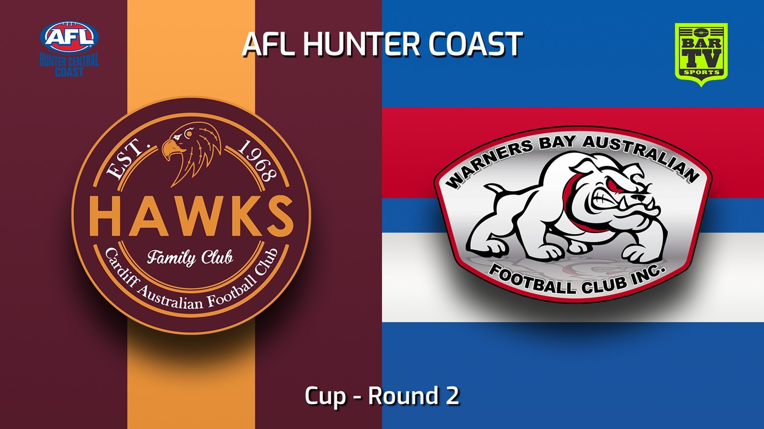 230425-AFL Hunter Central Coast Round 2 - Cup - Cardiff Hawks v Warners Bay Bulldogs Minigame Slate Image