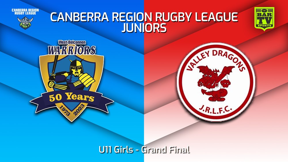 230909-2023 Canberra Region Rugby League Juniors Grand Final - U11 Girls - West Belconnen Warriors Juniors v Valley Dragons Minigame Slate Image